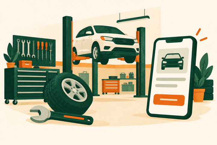 Illustration of a car on a lift in a repair shop beside a tire, a wrench and a phone showing a booking button.