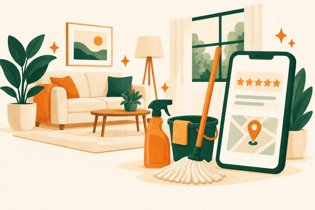 Illustration of a tidy living room with cleaning supplies beside a phone showing five stars and a map pin.
