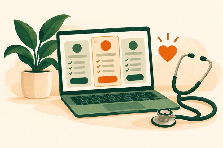 Illustration of a laptop showing membership plan cards beside a stethoscope and a heart icon.
