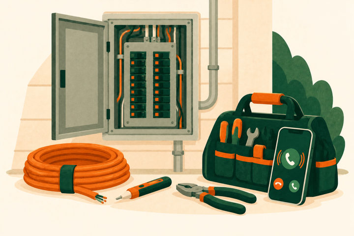 Illustration of an open electrical breaker panel on a wall, with a coil of orange cable, a voltage tester, pliers, a tool bag and a phone showing an incoming call.
