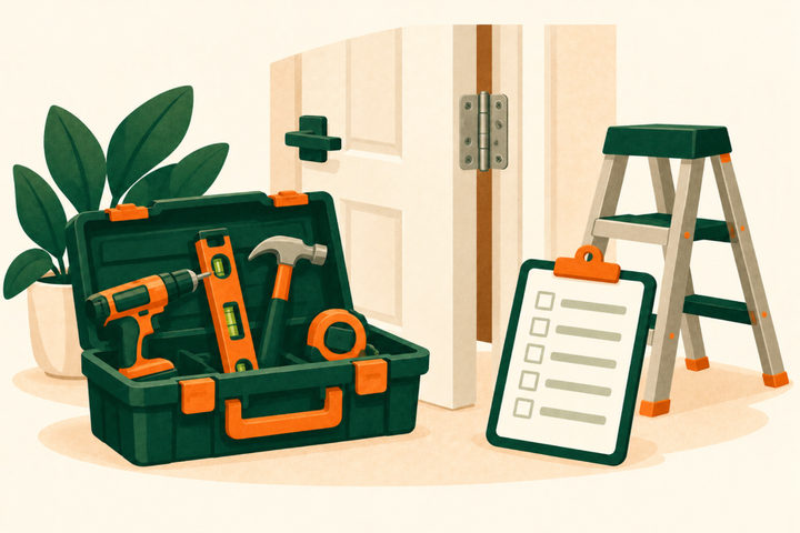 Illustration of an open toolbox with a drill, a level, a hammer and a tape measure, next to a door with a new hinge, a stepladder and a clipboard checklist.