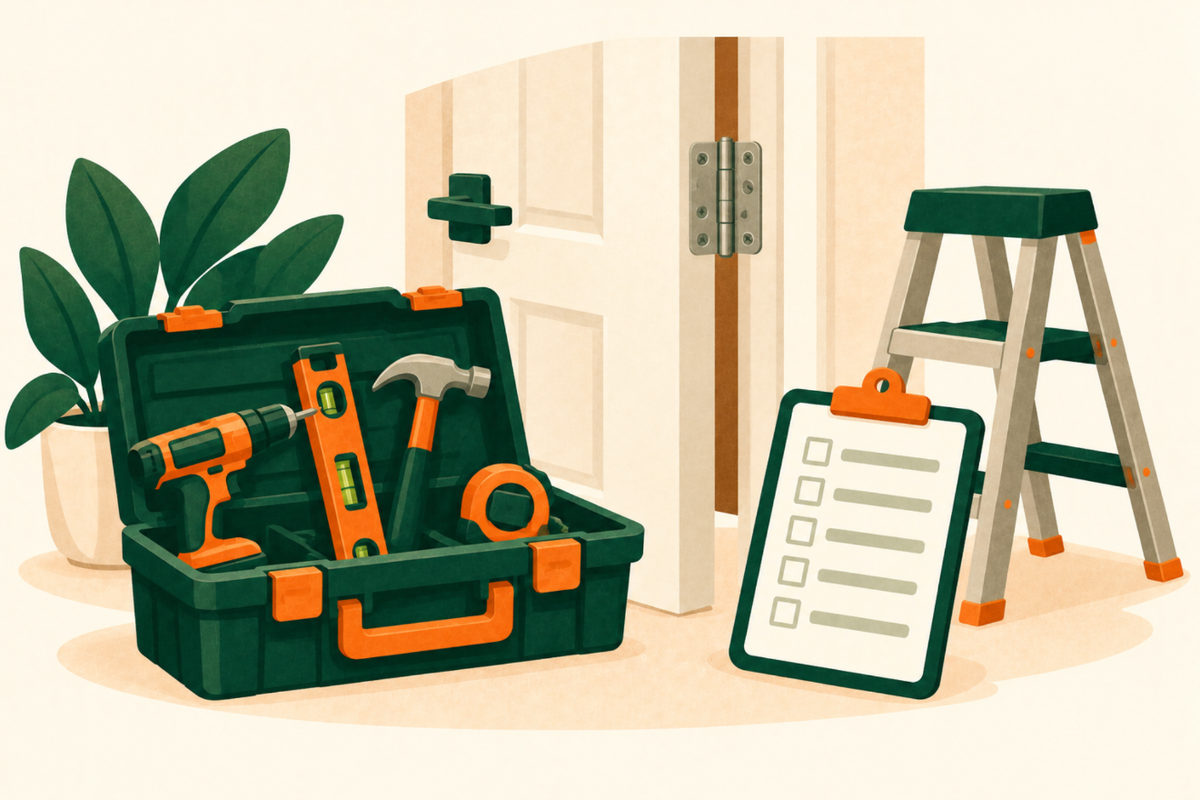 Illustration of an open toolbox with a drill, a level, a hammer and a tape measure, next to a door with a new hinge, a stepladder and a clipboard checklist.