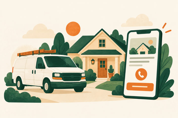 Illustration of a service van outside a house beside a phone showing a call button and a quote button.