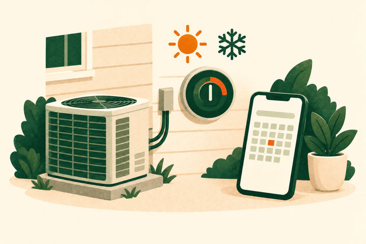 Illustration of an outdoor air conditioner unit by a house wall, a thermostat, a sun and a snowflake, and a phone calendar.