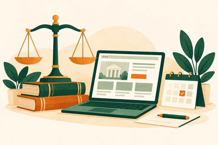 Illustration of scales of justice and law books beside a laptop showing a law firm website and a calendar card.