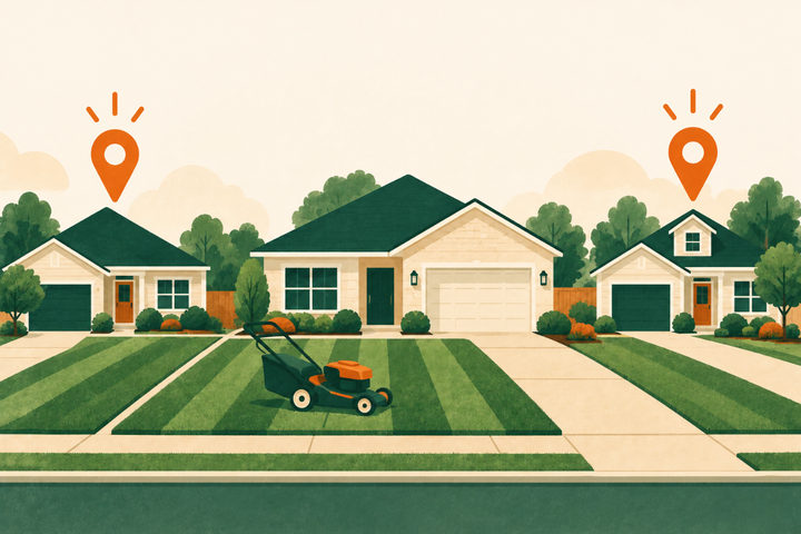 Illustration of a street of houses with striped lawns, a lawn mower and map pins above neighboring homes.