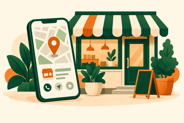 Illustration of a phone showing a map pin and a place card with call, directions and star buttons, in front of a small shop with a striped awning.