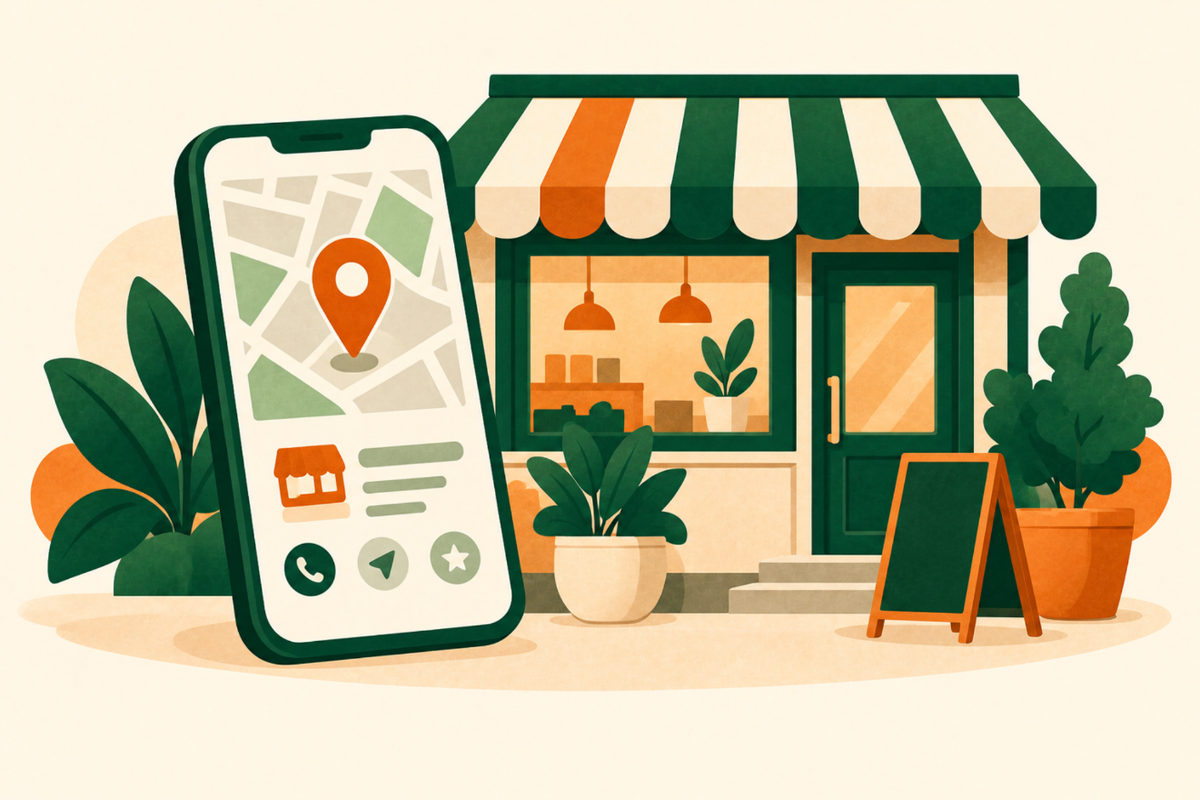 Illustration of a phone showing a map pin and a place card with call, directions and star buttons, in front of a small shop with a striped awning.