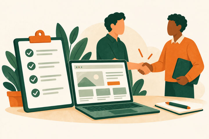 Illustration of two people shaking hands beside a checklist and a laptop showing a website layout.