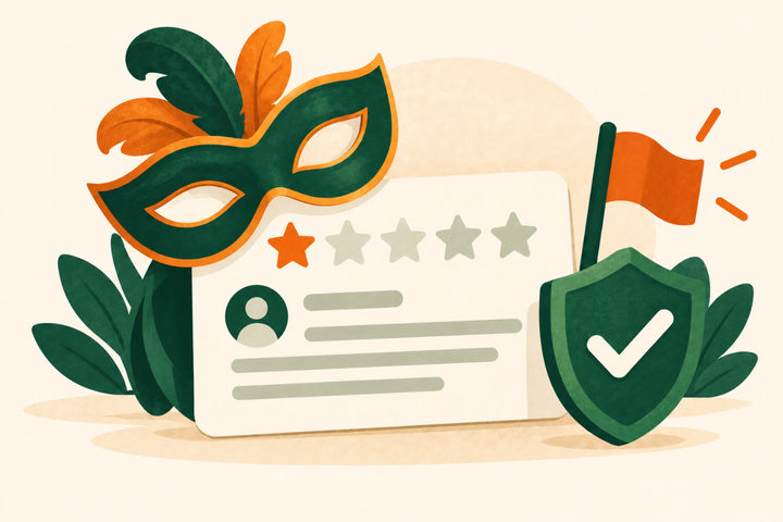 Illustration of a one-star review card partly hidden by a mask, beside a report flag and a shield with a checkmark.