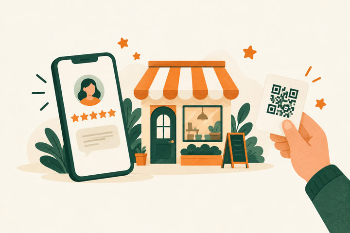 Illustration of a phone showing a five-star review beside a small shop, with a hand holding a QR code card.