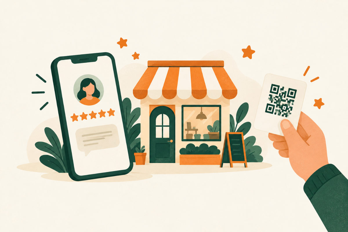 Illustration of a phone showing a five-star review beside a small shop, with a hand holding a QR code card.