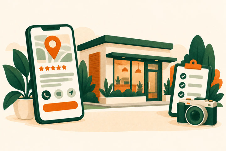 Illustration of a phone showing a business listing with a map pin beside a small storefront, a checklist and a camera.