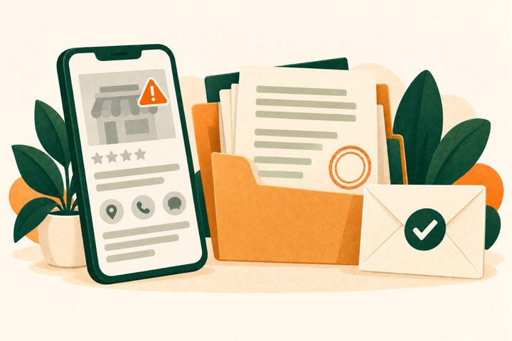 Illustration of a phone showing a grayed-out business listing with a warning sign, beside a folder of documents and an envelope with a checkmark.