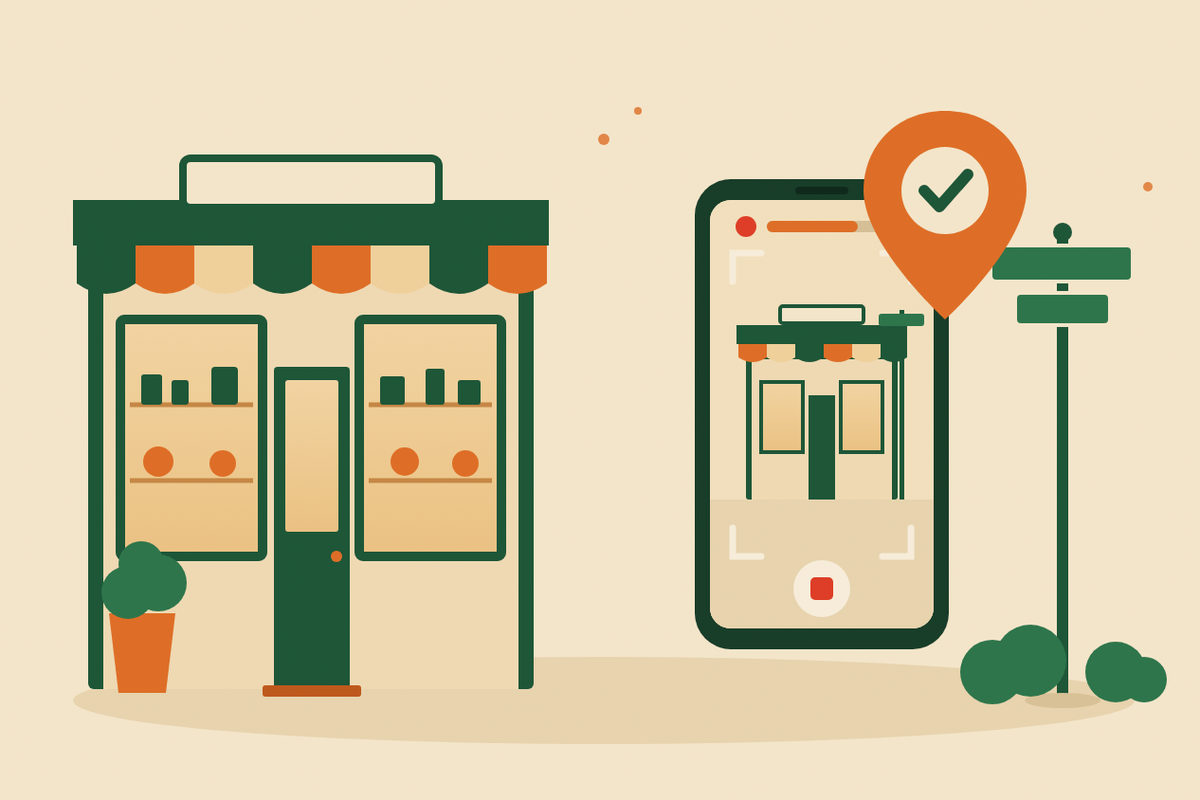 Illustration of a phone recording a short video of a small shop under a striped awning, with a street sign and a map pin with a check mark