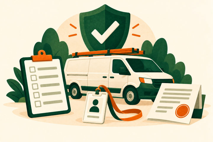 Illustration of a green shield with a check mark above a white service van, with a clipboard checklist, an ID badge on a lanyard and a stamped document.