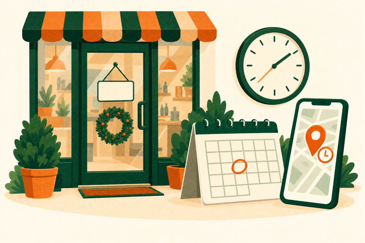 Illustration of a small shop under a striped awning with a blank sign and a wreath on the door, a wall clock, a desk calendar with one day circled and a phone showing a map pin with a clock.