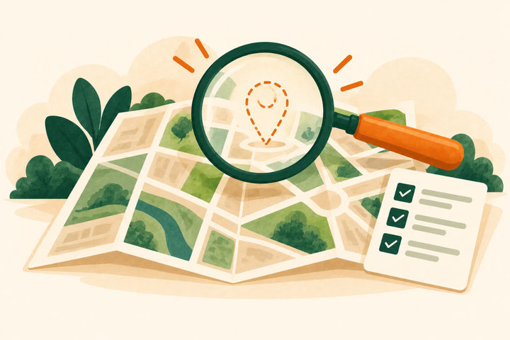Illustration of a paper map with an empty pin outline under a magnifying glass, beside a checklist.