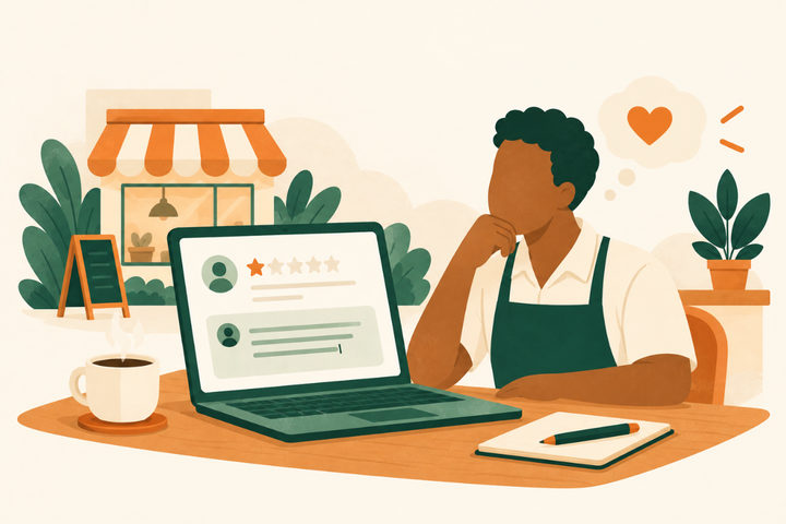 Illustration of a shop owner thinking calmly beside a laptop showing a one-star review and a reply being written.
