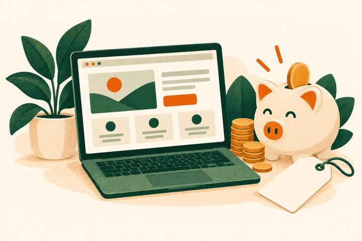 Illustration of a laptop showing a simple website beside stacked coins, a piggy bank and a blank price tag.