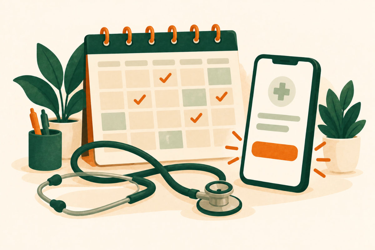 Illustration of a wall calendar with booked days, a stethoscope and a phone showing a booking button.