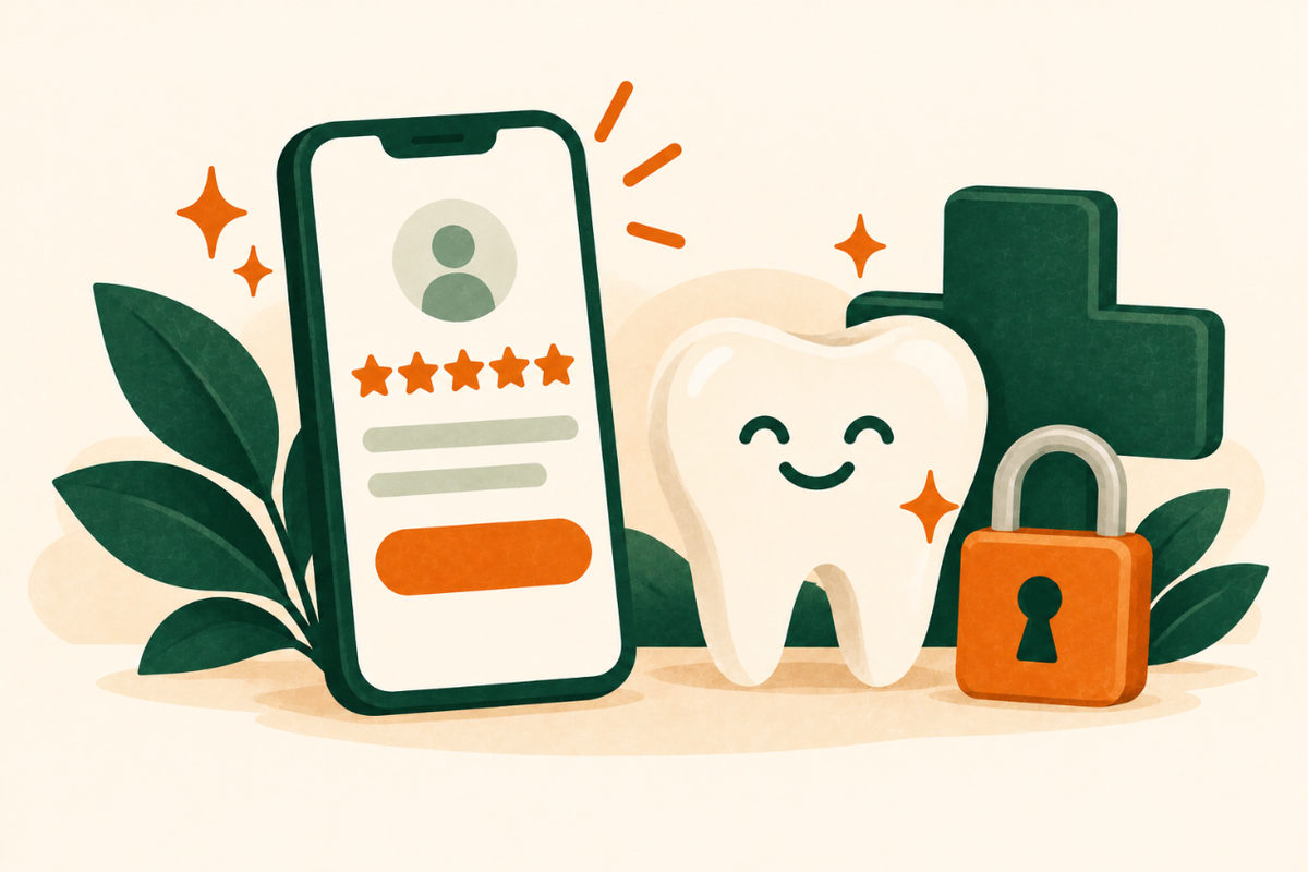 Illustration of a phone showing a five-star review beside a tooth, a medical cross and a padlock for privacy.