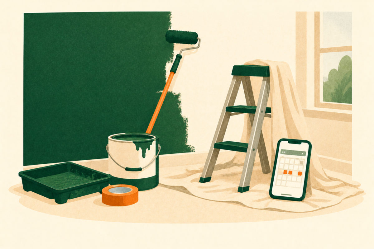 Illustration of a wall half painted forest green with a roller on an extension pole, an open paint can, a roller tray, a roll of tape, a stepladder on a drop cloth and a phone showing a calendar.