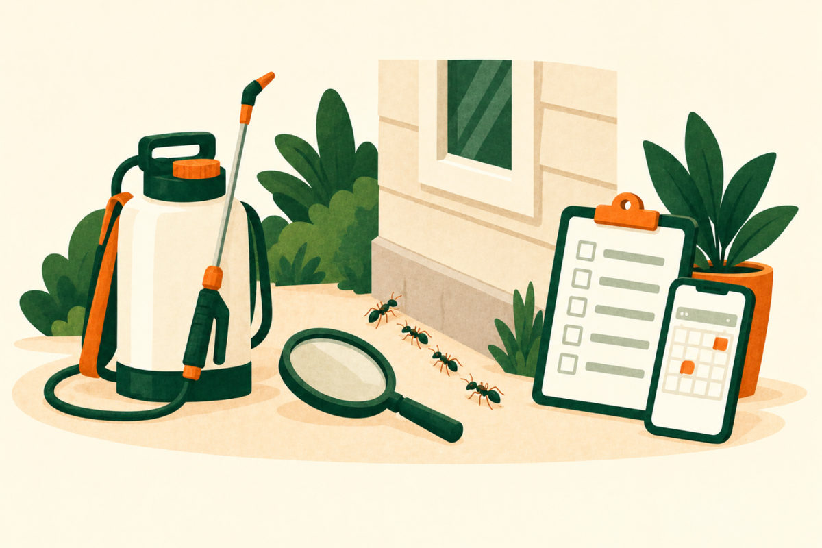 Illustration of a pump sprayer with a wand beside the base of a house wall, a line of ants walking away, a magnifying glass, a clipboard checklist and a phone showing a calendar.