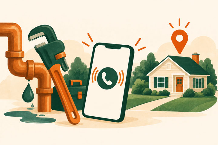 Illustration of a ringing phone beside a pipe wrench, a leaking pipe and a map pin above a house.