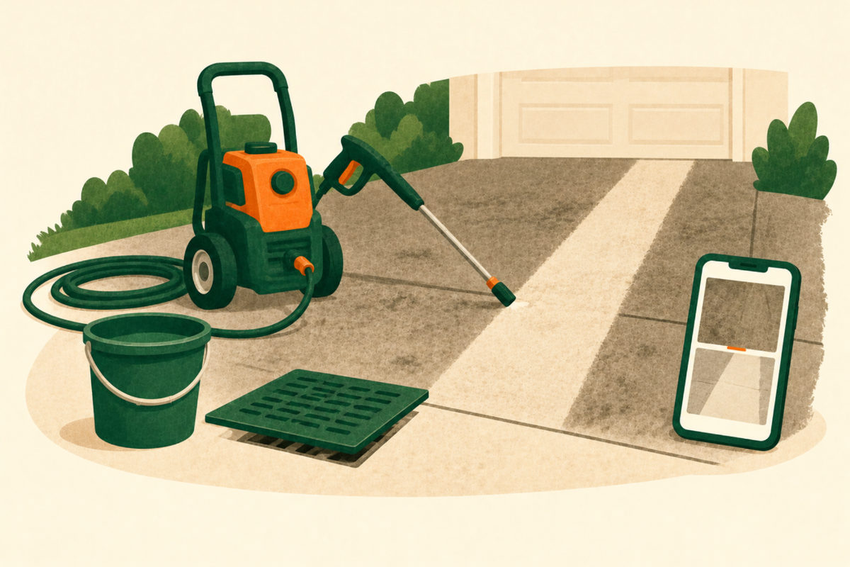 Illustration of a driveway with one clean stripe through the dirty concrete, a pressure washer with a hose and wand, a bucket, a cover over a storm drain and a phone showing a before-and-after photo.