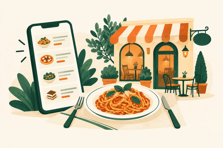 Illustration of a phone showing a menu page beside a plate of pasta and a small restaurant front.