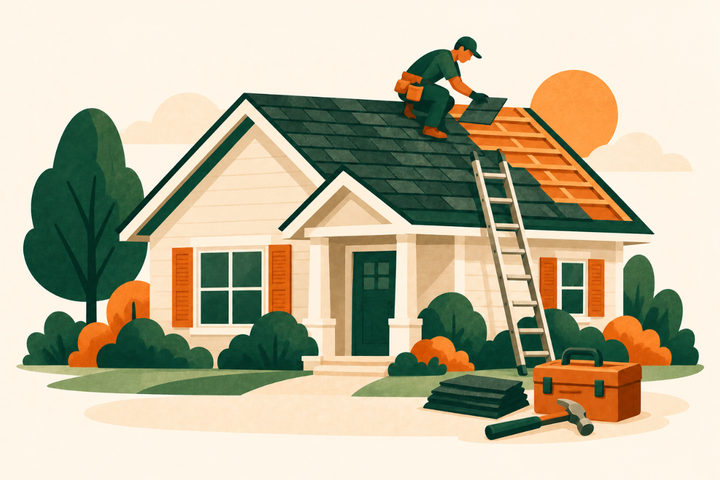 Illustration of a roofer placing new shingles on a house roof, with a ladder, a toolbox and a hammer below.