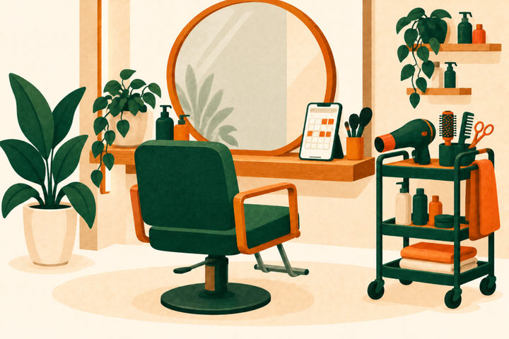 Illustration of a salon chair in front of a round mirror, with a phone showing a booking calendar on the counter and a cart holding a hair dryer, brushes and scissors.