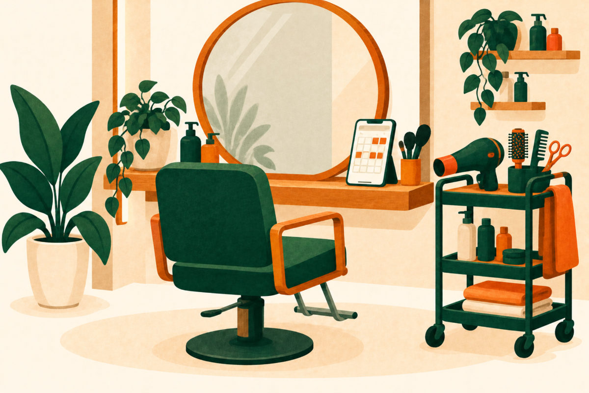 Illustration of a salon chair in front of a round mirror, with a phone showing a booking calendar on the counter and a cart holding a hair dryer, brushes and scissors.