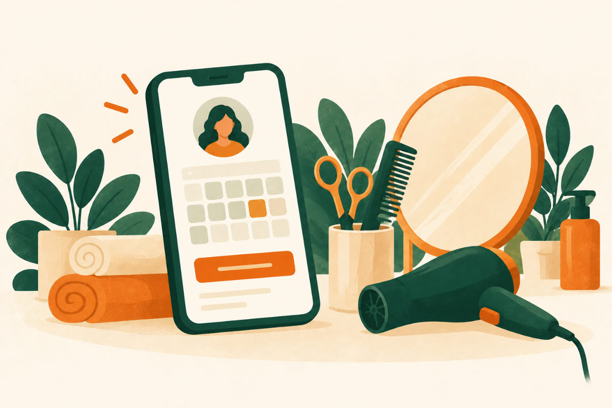 Illustration of a phone showing a booking calendar beside scissors, a comb, a hair dryer and a mirror.