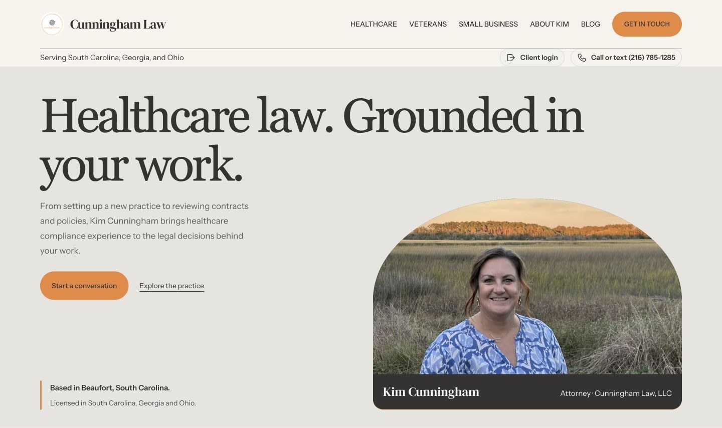 Cunningham Law’s live website, featuring Kim’s portrait and a warm gray editorial design