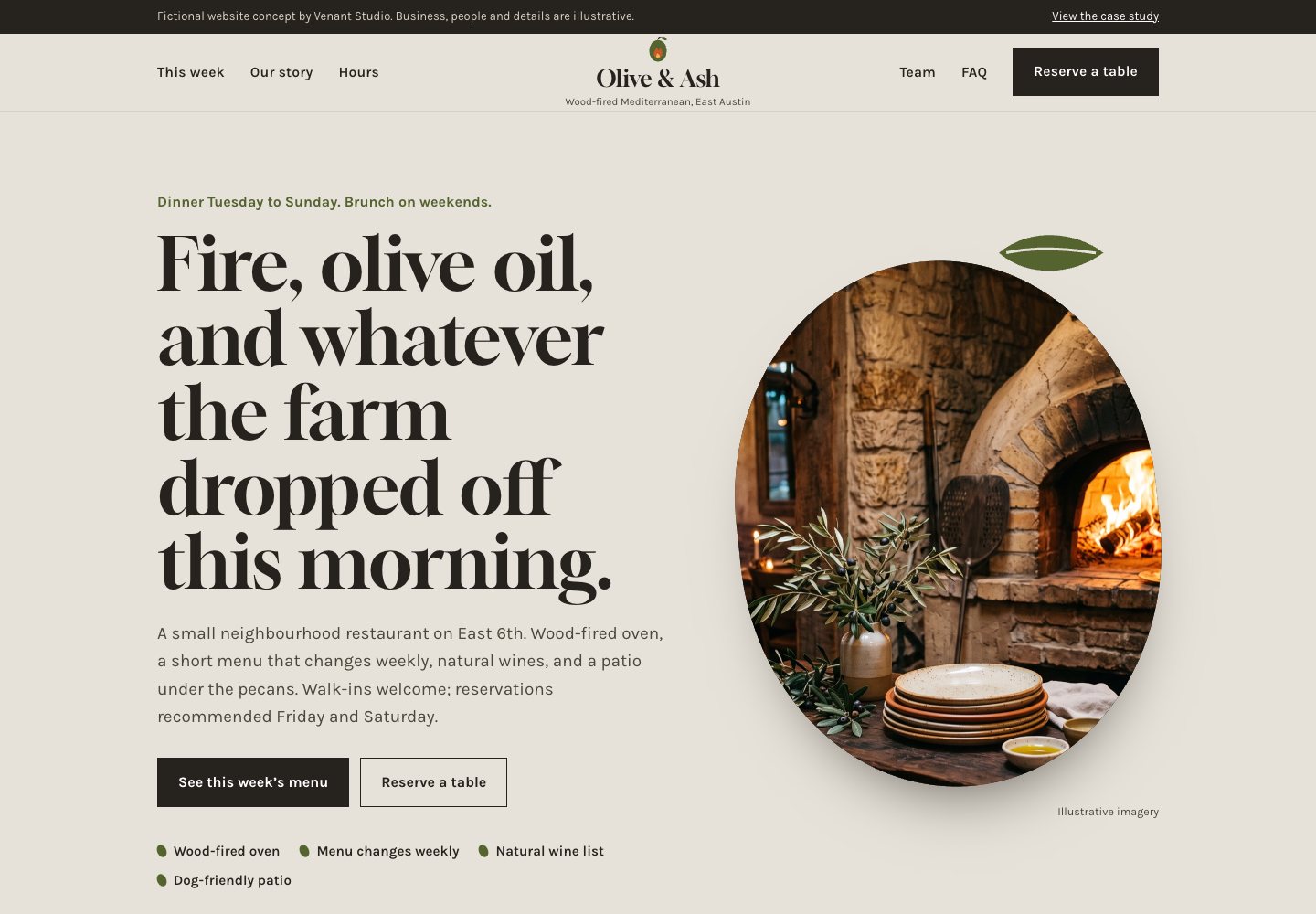 Olive and Ash example website, with Mediterranean food and warm colours