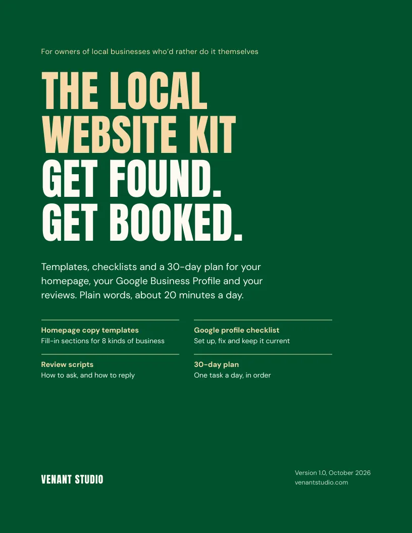 Cover of The Local Website Kit: “Get found. Get booked.” Templates, checklists and a 30-day plan.