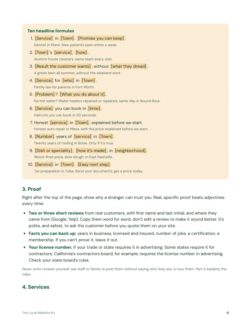 A page from the kit: ten headline formulas for a local business homepage, with examples.