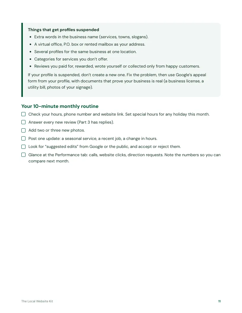 A page from the kit: Google Business Profile checklist and the things that get profiles suspended.