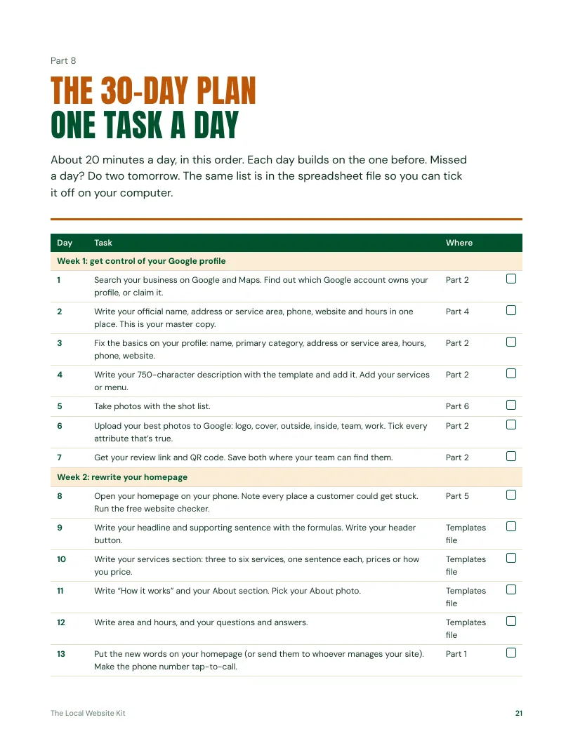 A page from the kit: the 30-day plan, one task a day with tick boxes.